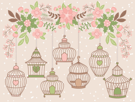 Vector birdcages hanging from Christmas floral branch. Vector floral branch with pink poinsettia, berries, and holly. Vector birdcages.  Christmas bouquets with birdcages vector Illustrationのイラスト素材