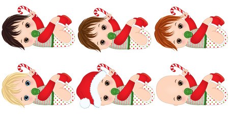 Vector illustration cute little baby boys wearing christmas clothes and stickのイラスト素材