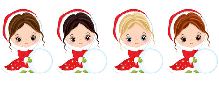 A Vector cute little girls play with snowballs. Vector Christmas girls with various hair colors.のイラスト素材