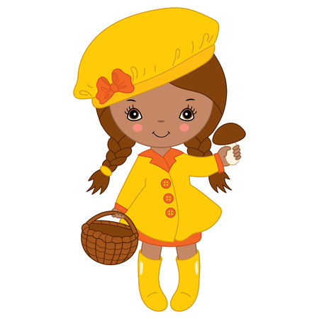 Cute little African American girl with mushroom and basket. Vector autumn girl. Little girl with mushroom, vector illustrationのイラスト素材