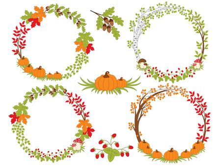 Set with autumn wreaths. Fall wreath with various tree branches, berries, mushrooms, pumpkin and leaves. Autumn wreaths vector illustrationのイラスト素材