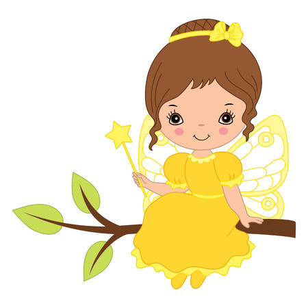 Cute little fairy with magic wand sitting on the tree branch. Fairy wearing yellow dress. Little girl, vector illustrationのイラスト素材