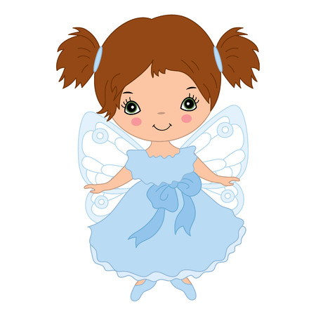 Cute little fairy flying. Fairy wearing blue dress, vector illustrationのイラスト素材