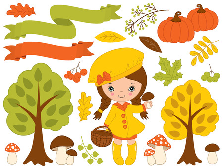 Autumn set vector. Set includes cute little girl, pumpkins, ribbons, mushrooms, berries, amanita, trees and colorful leaves. Vector little girl with mushrooms. Fall vector illustrationのイラスト素材