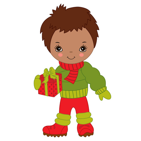 Cute little African American boy with Christmas gift box, vector illustrationのイラスト素材