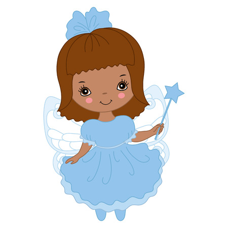 Cute little African American fairy with magic wand flying. Fairy wearing blue dress, vector illustrationのイラスト素材