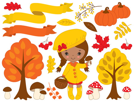 Autumn set vector. Set includes cute little African American girl, pumpkin, ribbons, mushrooms, berries, amanita, trees and colorful leaves. Little girl with mushrooms. Fall vector illustrationのイラスト素材