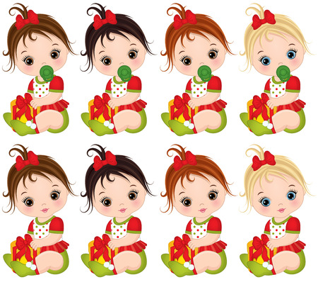 Vector cute little baby girls wearing Christmas clothes. Vector baby girls with various hair colors. Vector baby girl. Vector Christmas baby girls with gift boxes. Baby girls vector illustrationのイラスト素材