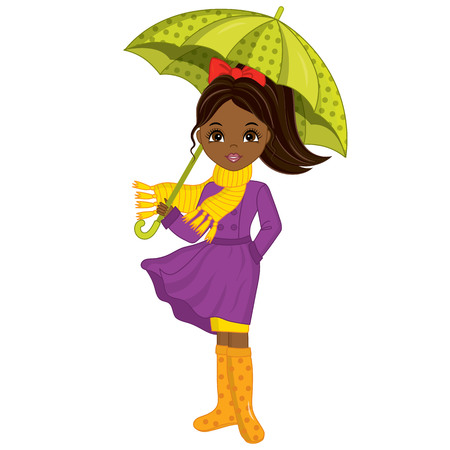 Vector beautiful young African American girl with umbrella. Vector autumn girl. African American girl vector illustrationのイラスト素材