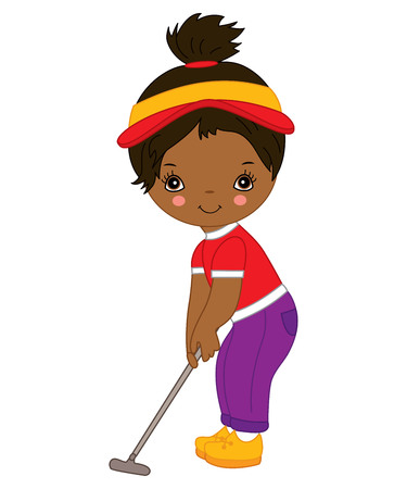Vector cute little African American girl playing golf. Vector golfer. Little girl vector illustrationのイラスト素材