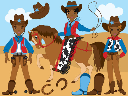 Vector Wild West set with young African American cowboys, horse, lasso, boots and horseshoes. Vector cowboys. Western cowboys vector illustrationのイラスト素材