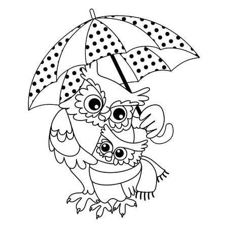 Vector black and white autumn owls. Vector owl with owlet. Owls vector illustrationのイラスト素材