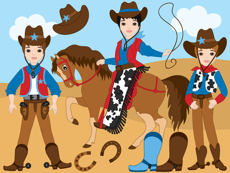 Vector Wild West set with young cowboys, horse, lasso, boots and horseshoes. Vector cowboys. Western cowboys vector illustrationのイラスト素材