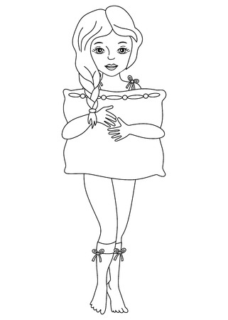 Vector black and white beautiful young girl in pajamas holding a pillow. Vector young girl. Girl in pajamas vector illustrationのイラスト素材