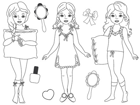 Vector black and white set with beautiful young girls wearing pajamas. Vector pajamas party. Vector young girls. Girls in pajamas vector illustrationのイラスト素材