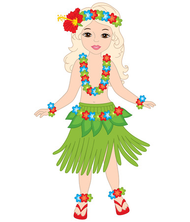 Vector beautiful young girl in in traditional Hawaiian costume dancing hula. Vector Hawaiian girl. Hawaiian girl dancing vector illustrationのイラスト素材