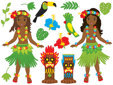 Vector Hawaiian set includes beautiful young girls in traditional Hawaiian costume dancing hula, tiki masks, parrot, toucan, hibiscus, leaves and palm tree. Hawaiian girls vector illustrationのイラスト素材