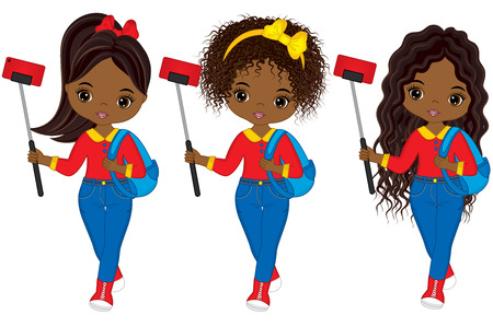 Vector cute young African American girls making selfie. Vector tourists making selfie. Vector African American girl. Beautiful African American girls vector illustrationのイラスト素材