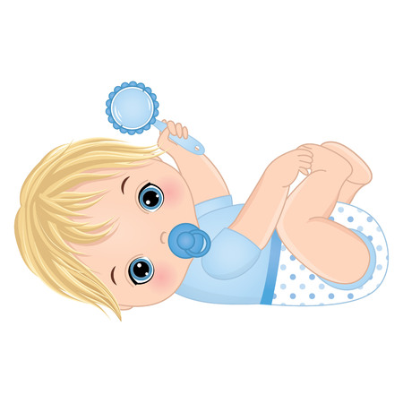 Vector cute baby boy with rattle. Vector baby boy with dummy. Vector baby boy shower. Baby boy vector illustrationのイラスト素材