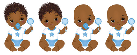 Vector cute little African American baby boys with rattles. Vector baby boy shower. African American baby boys vector illustrationのイラスト素材