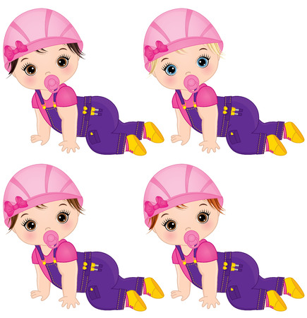 Vector cute baby girls dressed as little builders. Vector baby girl. Vector construction. Baby girls vector illustrationのイラスト素材