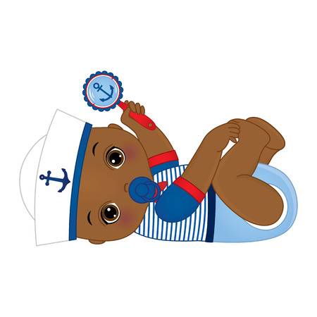 cute little African American baby boy dressed in nautical style, holding rattle.のイラスト素材