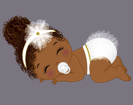African American Baby Girl in White Ruffled Diaperのイラスト素材