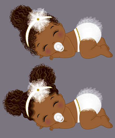 Black Cute Baby Girls in White Ruffled Diapersのイラスト素材