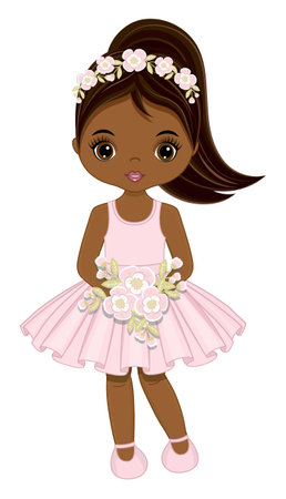 Black Girl in Pastel Pink Dress Holding Flowersのイラスト素材