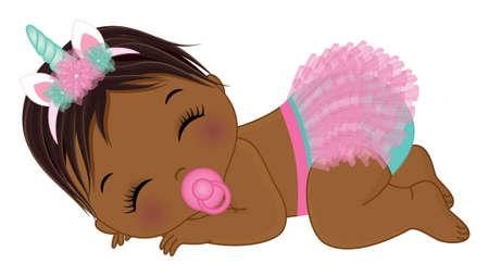 African American Unicorn Baby Girl in Pink Diaperのイラスト素材