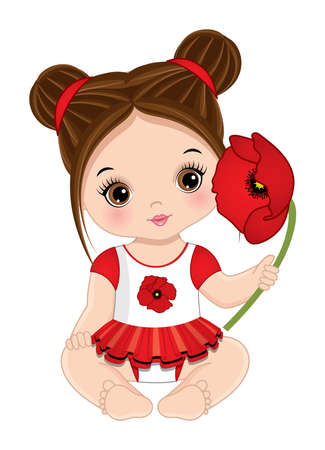 Vector Cute Brunette Baby Girl with Poppyのイラスト素材