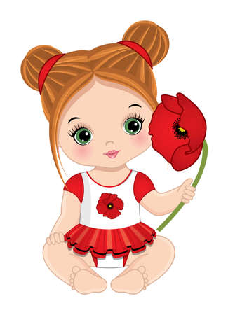 Vector Cute Redheaded Little Baby Girl with Poppyのイラスト素材