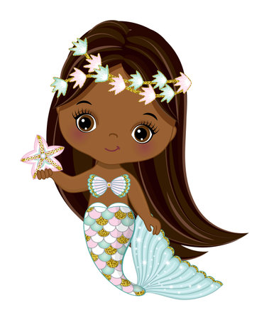 African American Cute Little Mermaid with Starfishのイラスト素材