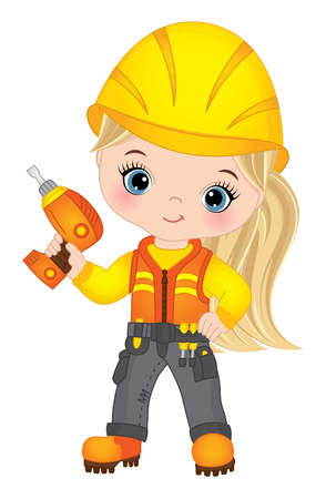 Vector Cute Little Girl Drilling. Vector Little Builderのイラスト素材