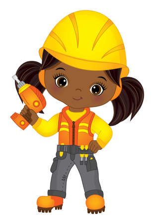 Cute Little Black Girl Drilling. Vector Little Builderのイラスト素材