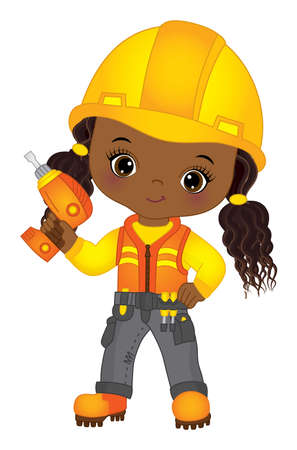 Cute Little Black Girl Drilling. Vector Little Builderのイラスト素材