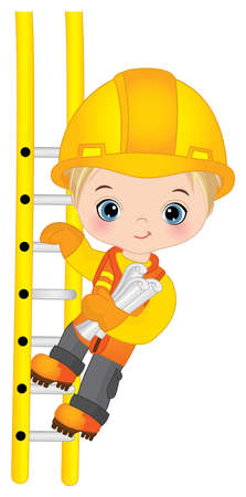 Vector Cute Little Boy Climbing up the Ladder. Vector Little Builderのイラスト素材