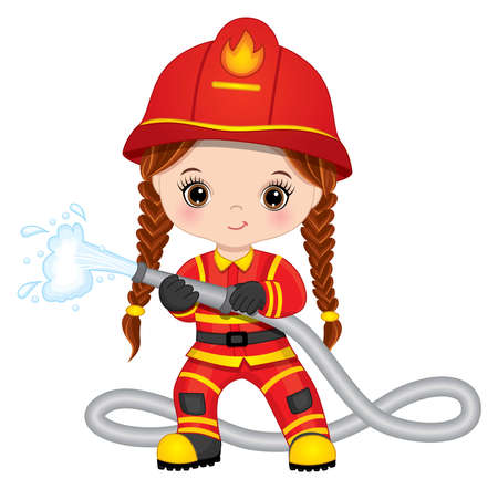 Firefighter Cute Little Redheaded Girl with Fire Hoseのイラスト素材