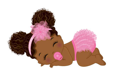 African American Baby Girl in Pink Ruffled Diaperのイラスト素材