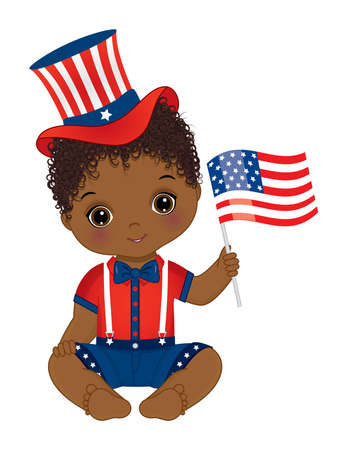 Patriotic Cute Black Baby Boy Holding American Flagのイラスト素材