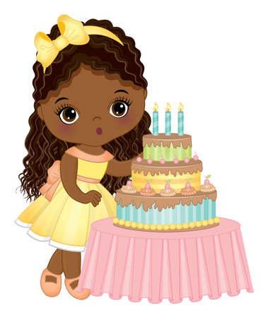 Cute Little Black Girl Blowing out Candles on Birthday Cake Wearing Pastel Dressのイラスト素材