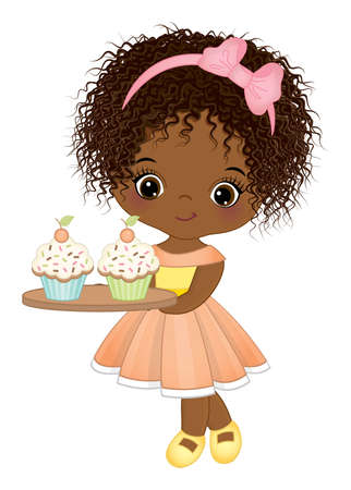 Cute Little African American Girl Holding Tray with Cupcakesのイラスト素材