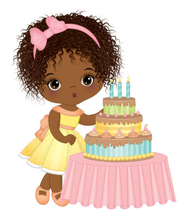 Cute Little Black Girl Blowing out Candles on Birthday Cake Wearing Pastel Dressのイラスト素材