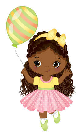 Cute Little African American Girl Holding Air Balloonのイラスト素材