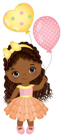 Cute Little African American Girl Holding Air Balloonsのイラスト素材