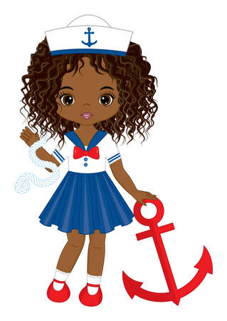 Cute Beautiful Black Girl Holding Anchor and Ropeのイラスト素材