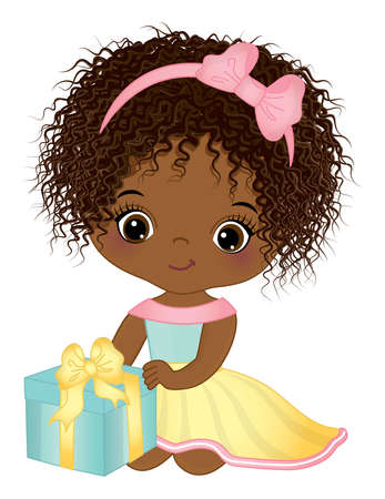 Cute Little African American Girl Holding Gift Boxのイラスト素材