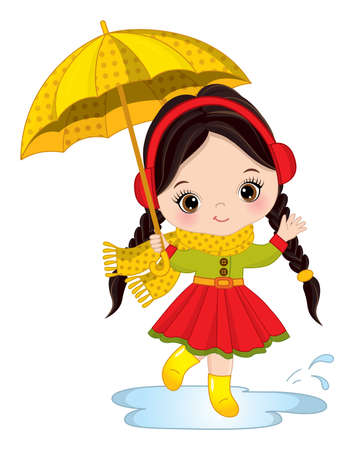 Cute Little Dark-Haired Girl Holding Umbrellaのイラスト素材