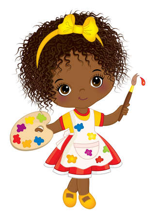 Little Black Girl with Palette and Paint Brush. Vector Little Artistのイラスト素材