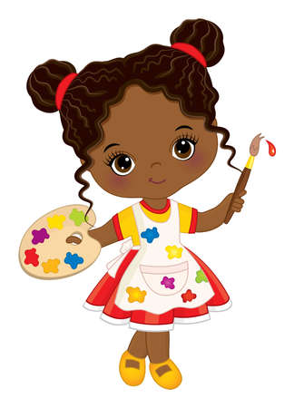 Little Black Girl Holding Palette and Paint Brush. Vector Little Artistのイラスト素材